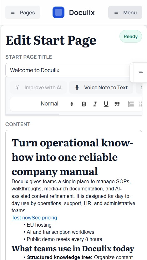 Doculix mobile interface and camera workflow
